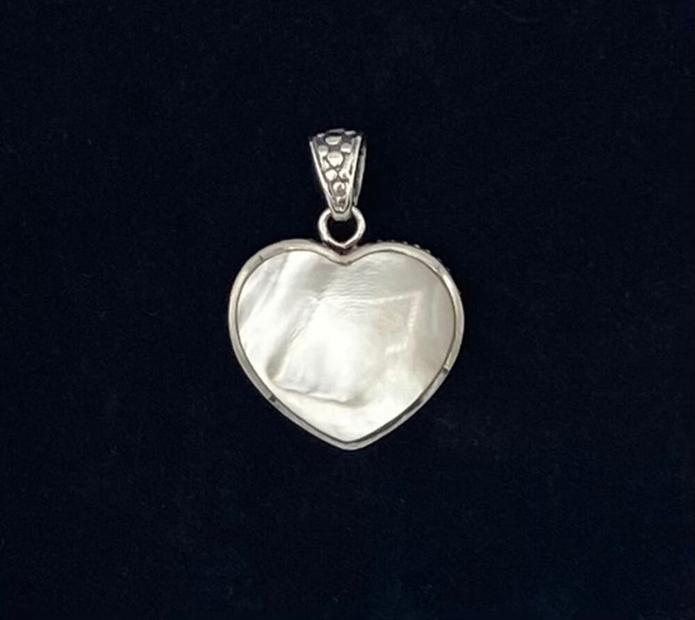 Vintage Sterling Silver Mother of Pearl Heart Pendant Double Sided Bali Style